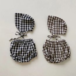 Sets zomer babymeisjes jongens shorts plaid katoen baby bloeiers hoed kleren set baby peuter kinderen foto rekwisieten roupa luier cover