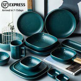 Stelt servies in set High Fashion Retro Green Noordse keramische servies set Bowl bord soep kombalk Set Flatare Dinner Kitchen