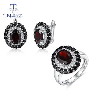 Conjuntos TBJ, nuevo estilo, piedra preciosa granate negra natural, anillo y pendientes de plata de ley 925, conjunto de joyería fina para mujer, fiesta, uso diario