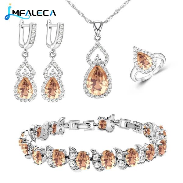 Conjuntos de lágrima de topacio champán, conjunto de joyería para mujer, pendiente, collar, anillo abierto, pulsera, regalo, joyería de plata de ley 925, triangulación de envíos