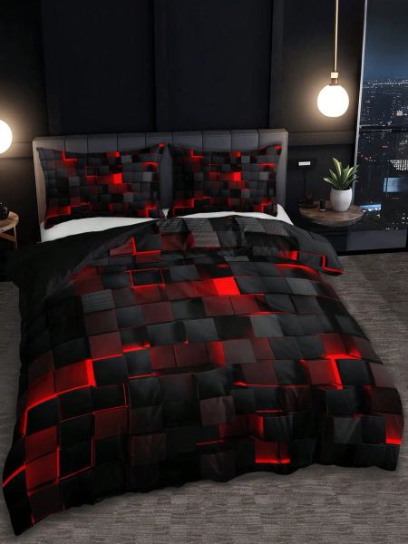 Ensemble ensemble de couvertures de couetter de la grille rouge de style rouge, comprenant 1 couverture de couette et 2 taies d'oreiller adaptées à une utilisation à domicile et au dortoir