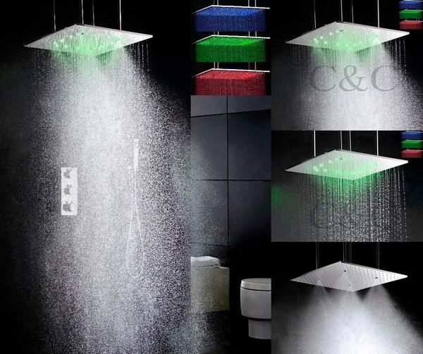 Conjuntos Conjunto de grifo de ducha de baño termostático Cabezal de ducha LED de atomización y lluvia de 20 pulgadas con ducha de mano de latón 00720WLF