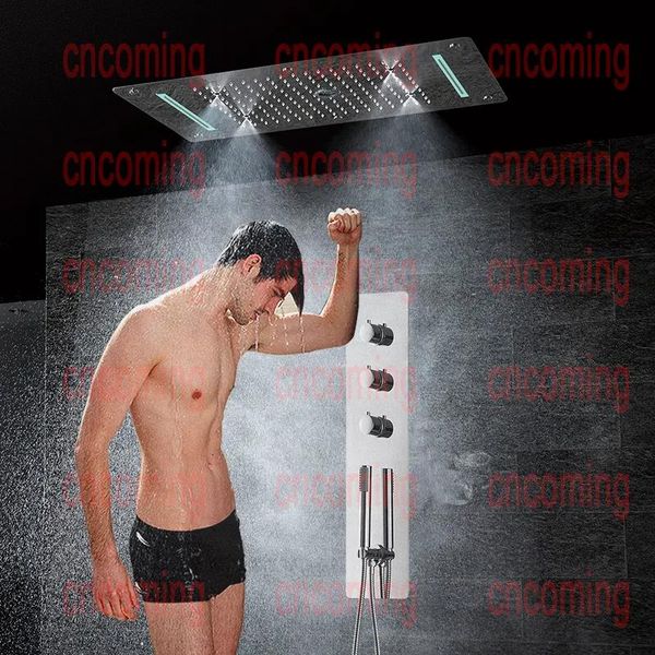 Conjuntos Panel de ducha termostático Acero inoxidable LED Cascada de lluvia Cabeza de ducha grande Techo Baño Juego de grifería Montado en la pared Lluvia Fau