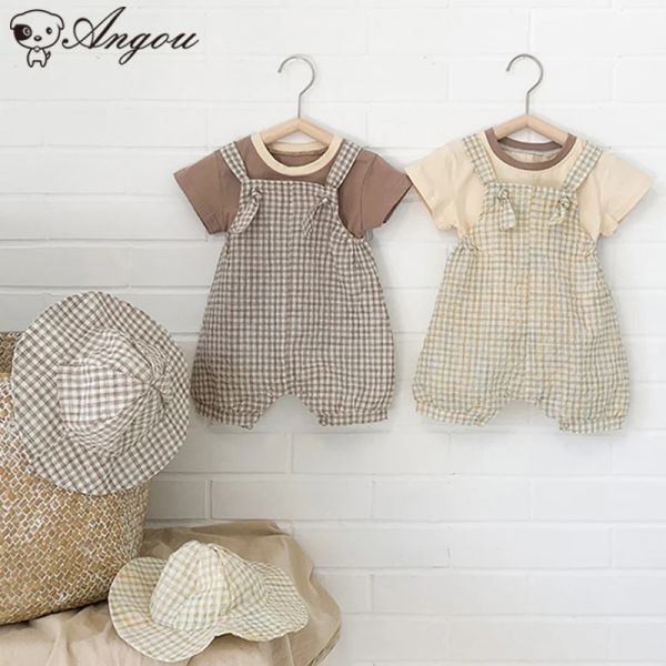 Sets para niños pequeños para niños chicas traje a cuadros camisa de manga corta+pantalones cortos generales+sombrero 3pcs verano estilo coreano para niños set casual ropa