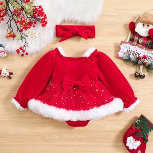 Conjuntos Tregren 0 18M nacidos Bebés 2 piezas Trajes de Navidad Vestido de mameluco de terciopelo de manga larga con diadema Conjunto Ropa infantil linda 231113