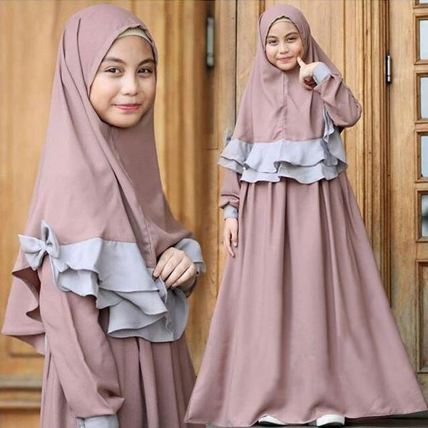 Conjuntos Conjunto de dos piezas Vestido largo para niñas musulmanas Hijab Abaya Ropa de caftán islámico Vestido largo de oración árabe Burqa Khimar Jilbab Bata