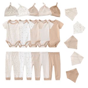 Conjuntos Unisex 2023 de Color sólido, ropa para recién nacidos, conjunto de monos, pantalones, sombreros, Baberos y manoplas, ropa de algodón para bebés