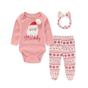 Zet unisex 3 stuks nieuw geboren babymeisje boy kleren katoen kerstbaby sets bodysuits+broek+haarband/hoed print letter 09m bebes