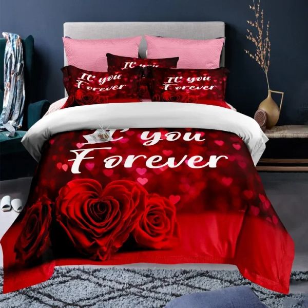 Ensembles de couette de couette de la Saint-Valentin Set Red Rose I Love You Pattern King Size Couple de literie en polyester Ensemble de couette romantique heureuse