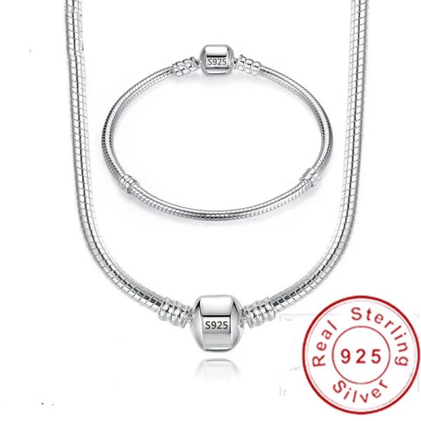 Vecalon fait à la main Original 925 en argent Sterling 3mm serpent os breloque collier bracelet ensemble bijoux à bricoler soi-même ensemble pour femmes hommes meilleur cadeau