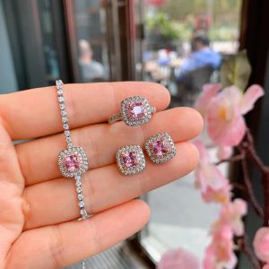 Ensembles Vintage carré rose diamant cubique Zircon boucles d'oreilles Bracelet bague ensembles de bijoux pour femmes Encanto accessoires de mariage cadeau femme