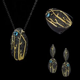 Ensemble de bijoux en trois ans vintage pour femmes exquises de zircon irrégulier relief noir or bijoux de mariage à deux fois