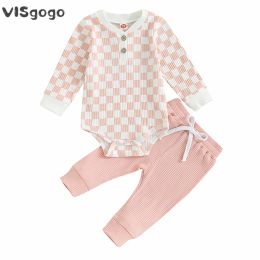 Sets visgogo 024 mois de bébé garçons filles tombent tenues à manches longues damier imprimé body produit de couleur solide pantalon de survêtement