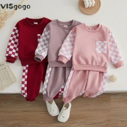 Conjuntos Visgogo 2pcs Baby Girls Ropa trajes de ajuste de ajedrez estampado de mosaico de manga larga sudadera con cuello de cuello