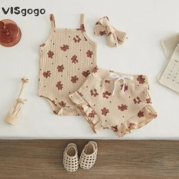 Ensembles Visgogo Baby Girls Clothes Set imprime imprimé sans manches slinger robetr élastique Shorts bande 3 pcs de vêtements d'été