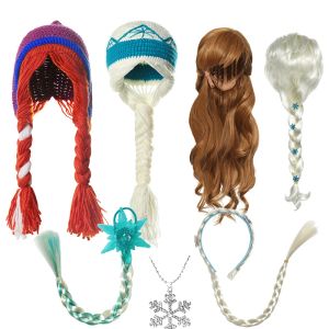 Ensembles Vogueon New Elsa Anna Accessoires pour bébés filles Perruques fantaisie Chapeaux au crochet Collier de princesse Bandeau Tresses Cadeaux de fête pour enfants