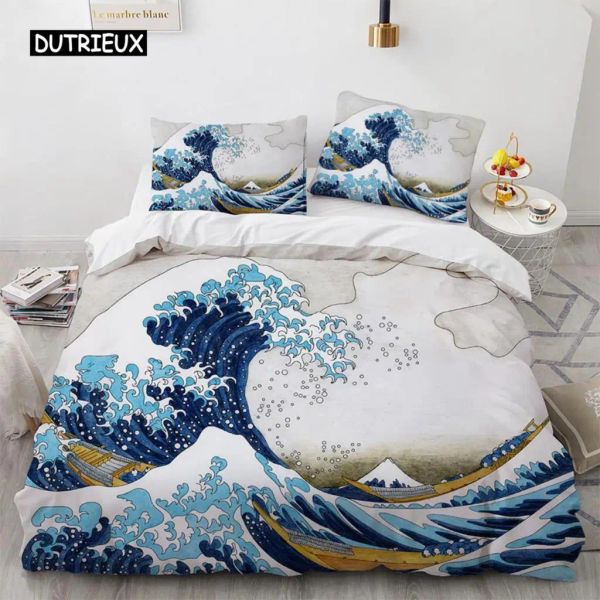 Ensemble de couvercle de couette de vague Hokusai Modèle japonais Ukiyoe Couverture de courtepointe orientale Sketch Ocean Queen Twin Polyester Liberte