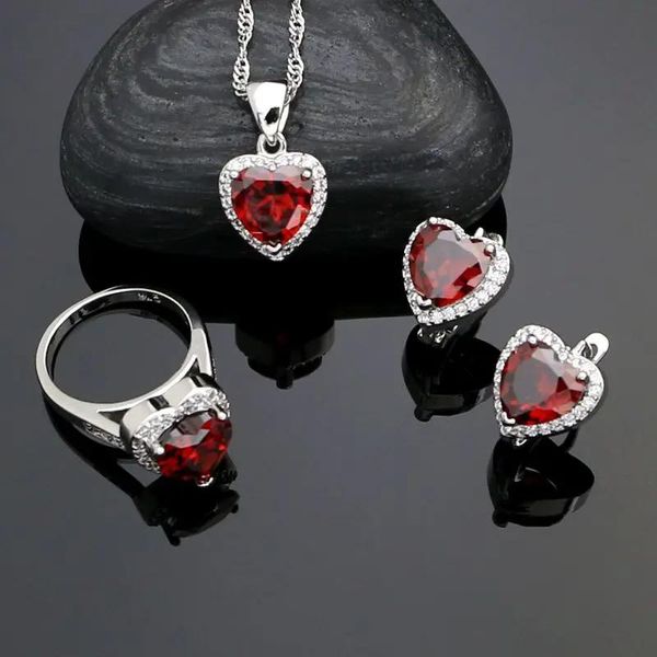 Conjuntos de boda de Plata de Ley 925, juegos de joyas para mujer, cristal blanco y corazón rojo, pendientes de piedra, anillo, collar, colgante