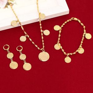 Conjuntos Conjuntos de joyería de boda Pulsera Collar Pendientes Conjunto Alemania España Francia Moneda Signo de dinero Mujeres 24k Color oro relleno África árabe E