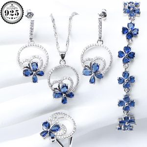 Sets Bruiloft Zilver 925 Sieraden Kostuum Sieraden Sets Vrouwen Blauwe Zirconia Armband Ring Hanger Ketting Oorbellen Set Geschenkdoos