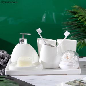 Ensembles d'accessoires de salle de bain en céramique blanche/porte-brosse à dents/distributeur de savon/cadeau de mariage/plateau en mélamine/porte-cure-dents/coton-tige