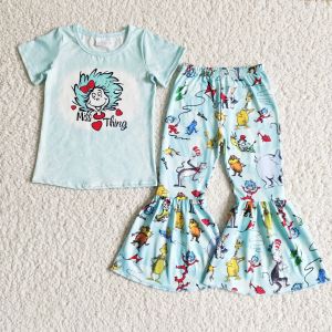 Ensembles en gros Miss Thing bébé fille chat nouveaux vêtements chemise bleue pantalon cloche Boutique tenue pour bébé enfants enfant en bas âge enfant vêtements de printemps