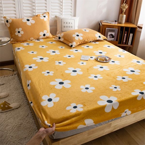 Ensembles d'hiver en flanelle, draps-housses chauds et doux, housse de protection contre la poussière, housse de matelas universelle, rayures épaisses, drap de lit imprimé fleurs