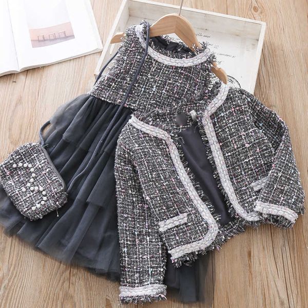 Conjuntos de ropa de moda para niñas de invierno, conjunto de chaqueta para niños, bolso, piezas de vestido, traje para bebé, conjunto de abrigo a cuadros, ropa bonita para niños de otoño