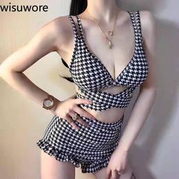 Stelt Wisuwore Plaid Swimwear Ladies Korea 2023 Nieuwe ster dezelfde zwembikini Hollow Out Cross -riemen Sexy Bikini Swimsuit Women Bikini's