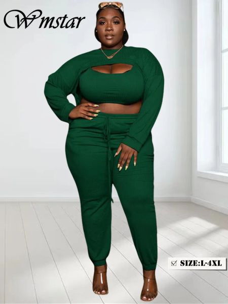 Ensembles Wmstar grande taille pantalons ensembles mode Sexy côtes poitrine coupe ouverte solide Legging correspondant 3 pièces ensemble automne vente en gros livraison directe