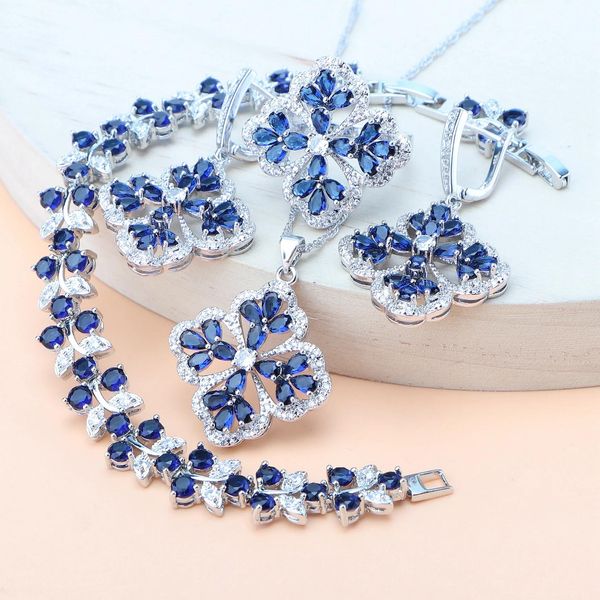 Ensembles de bijoux Brdal en argent 925 pour femmes, pierres naturelles, boucles d'oreilles, Bracelet, bague, pendentif, collier, Zircon bleu, ensemble de mariage