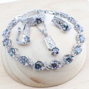 Ensembles de bijoux de mariée en argent 925 pour femmes, ensemble de collier et pendentif de mariage en Zircon arc-en-ciel magique, pierres, boucles d'oreilles, bagues et Bracelets