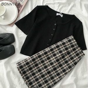 Sets Vrouwen Plaid Koreaanse stijl Elegante Crop Top Summer Two Pieces Streetwear Mini Sexy Trendy Ins Gebreide Tuniek Dagelijkse Casual Chic Y0702