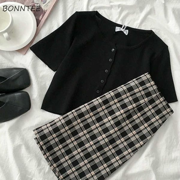 Ensembles Femmes Plaid Style Coréen Élégant Crop Top D'été Deux Pièces Streetwear Mini Sexy À La Mode Ins Tricoté Tunique Quotidien Casual Chic Y0702