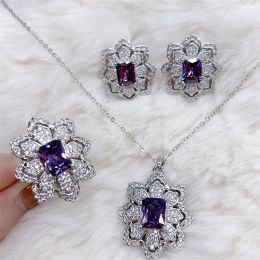Ensembles de bijoux de mode pour femmes Sterling 925 Silver Purple Zircon Pendant Collier Boucles d'oreilles