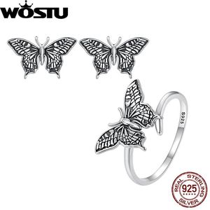 Conjuntos WOSTU 925 Pendientes de mariposa de plata esterlina Conjunto de anillo abierto Plata oxidada para mujer Chica Regalo de fiesta Joyería ajustable vintage