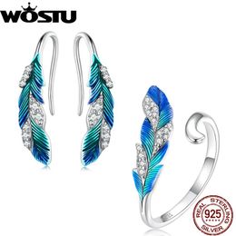 Ensembles WOSTU 925 argent sterling émail bleu plume anneau ouvert goutte Danlge femmes boucles d'oreilles fête bijoux cadeau bohème cadeau de mariage