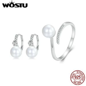 Sets Wostu Nieuwe aankomst 925 Sterling Silver Shell Pearl -oorbellen Opening Ring Set Ear Hoop For Women Fine Jewelry Party Cadeau