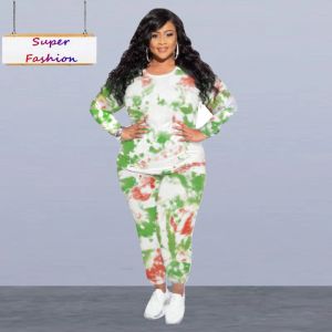 Sets XL5XL Plus Size Two -Piece Set voor vrouwen Fashion Tie Dye lange mouw o nek top en broek 2 -delige outfit groothandel dropshopping