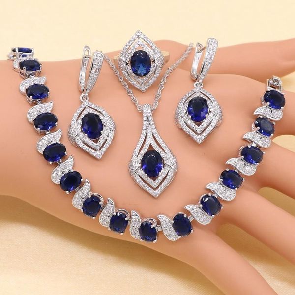 Ensembles XUTAAYI nouveauté 925 ensemble de bijoux en argent pour les femmes bleu semi-précieux collier pendentif boucles d'oreilles bague Bracelet cadeau de noël