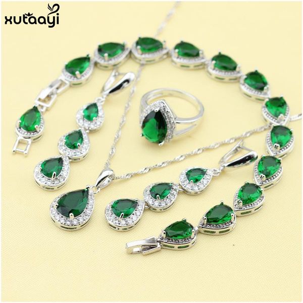 Conjuntos XUTAAYI, conjuntos de joyería de plata 925 de alta calidad, collar/anillos/pendientes/pulsera de lujo de Esmeralda verde, conjuntos de joyería de boda