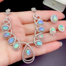 Ensembles yulem coloré Lightluxury Opal Gemstone Set for Women Ring Brong Collier Real 925 Silver Natural Gem Birth Stone Gift