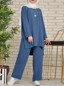 Ensembles ZANZEA costume musulman vêtements islamiques col rond chemisier solide pantalon ample femme mode Vintage survêtement urbain casual ensembles turcs