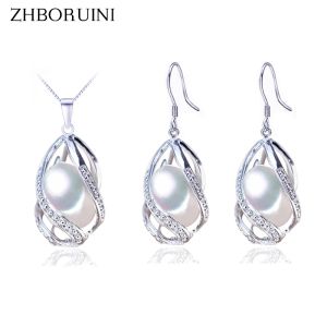 Ensembles de bijoux en perles ZHBORUINI 925 bijoux en argent Sterling perles d'eau douce naturelles perles Cage collier boucle d'oreille ensemble pour les femmes cadeau