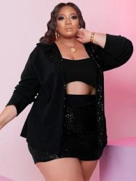 Ensembles ZJFZML ZZ grande taille paillettes 3 pièces ensembles femmes mode Festival vêtements 2022 hauts de soutien-gorge + blazer à manches longues hauts + short de club de fête