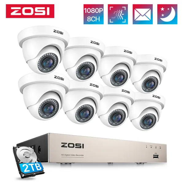 Conjuntos Zosi 8ch 1080p Sistema de cámara de seguridad H.265+ 8CH 5MP Lite HD CCTV DVR Recorder 8pcs Cámaras de vigilancia de domo interior/exterior de 2MP