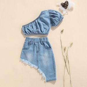 SETSSUITS MA Baby 15y Kids Girls Clothes Set Summer One épaule Crops Tops jupe bleu Denim Tenues Costumes Children DD43 230508