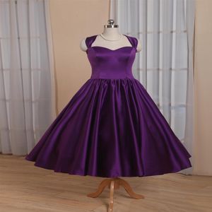 Setwell élégant violet chérie a-ligne robe de soirée sans manches thé longueur plissé Satin bal fête formelle robe234y