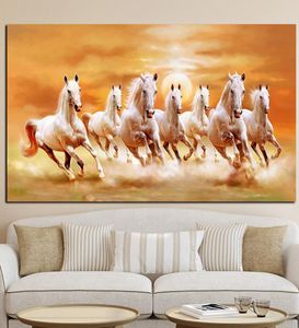 Zeven rennende witte paardendieren schilderen artistieke canvas kunst gouden posters en prints moderne muurkunstfoto voor woonkamer A162512364