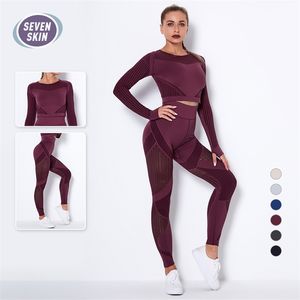 Zeven huid vrouwen yoga sets workout sportkleding naadloze uitgehold leggings lange mouwen crop top gym kleding fitness sportpak 210802